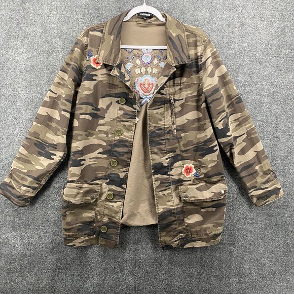 EXPRESS Jacket Womens XS Brown Camo Embroidered Beaded Flowers Grunge 90s Boho - Picture 1 of 10